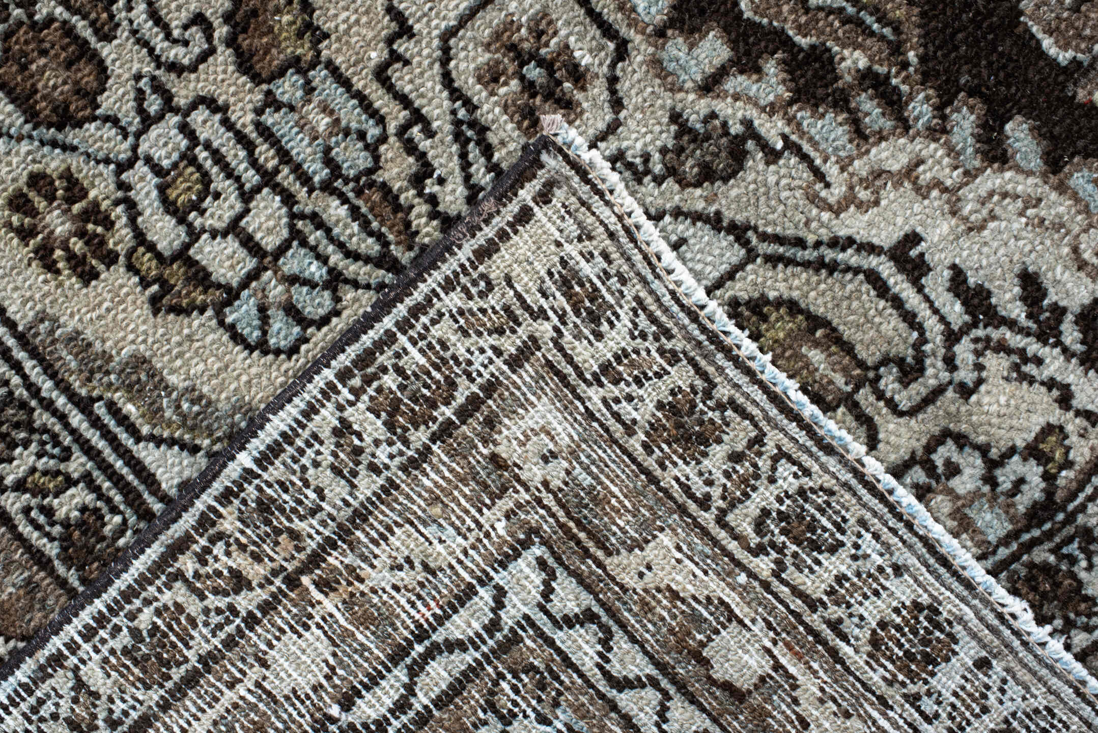 10' x 13' one-of-a-kind handmade vintage Dargazin large size rug. Color palette: brown, ivory, taupe, charcoal, beige, gray