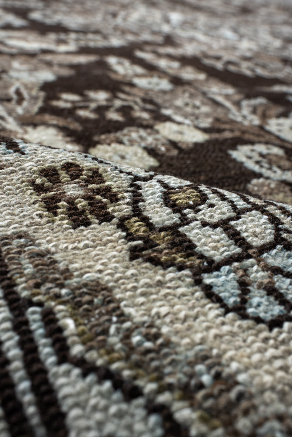 10' x 13' one-of-a-kind handmade vintage Dargazin large size rug. Color palette: brown, ivory, taupe, charcoal, beige, gray