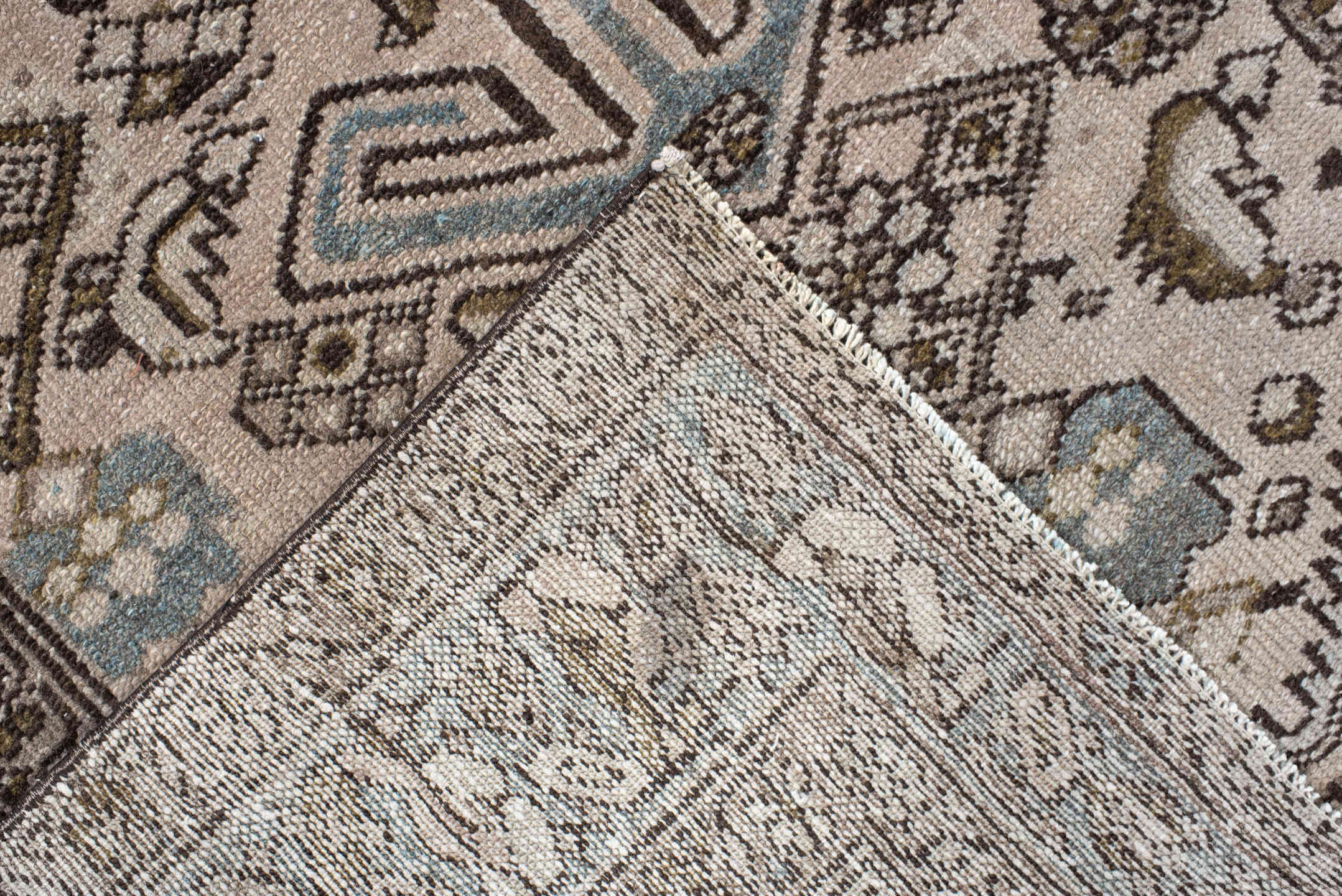 4' x 6' one-of-a-kind handmade vintage Heriz small size rug. Color palette: ivory, taupe, sky_blue, brown, charcoal, camel