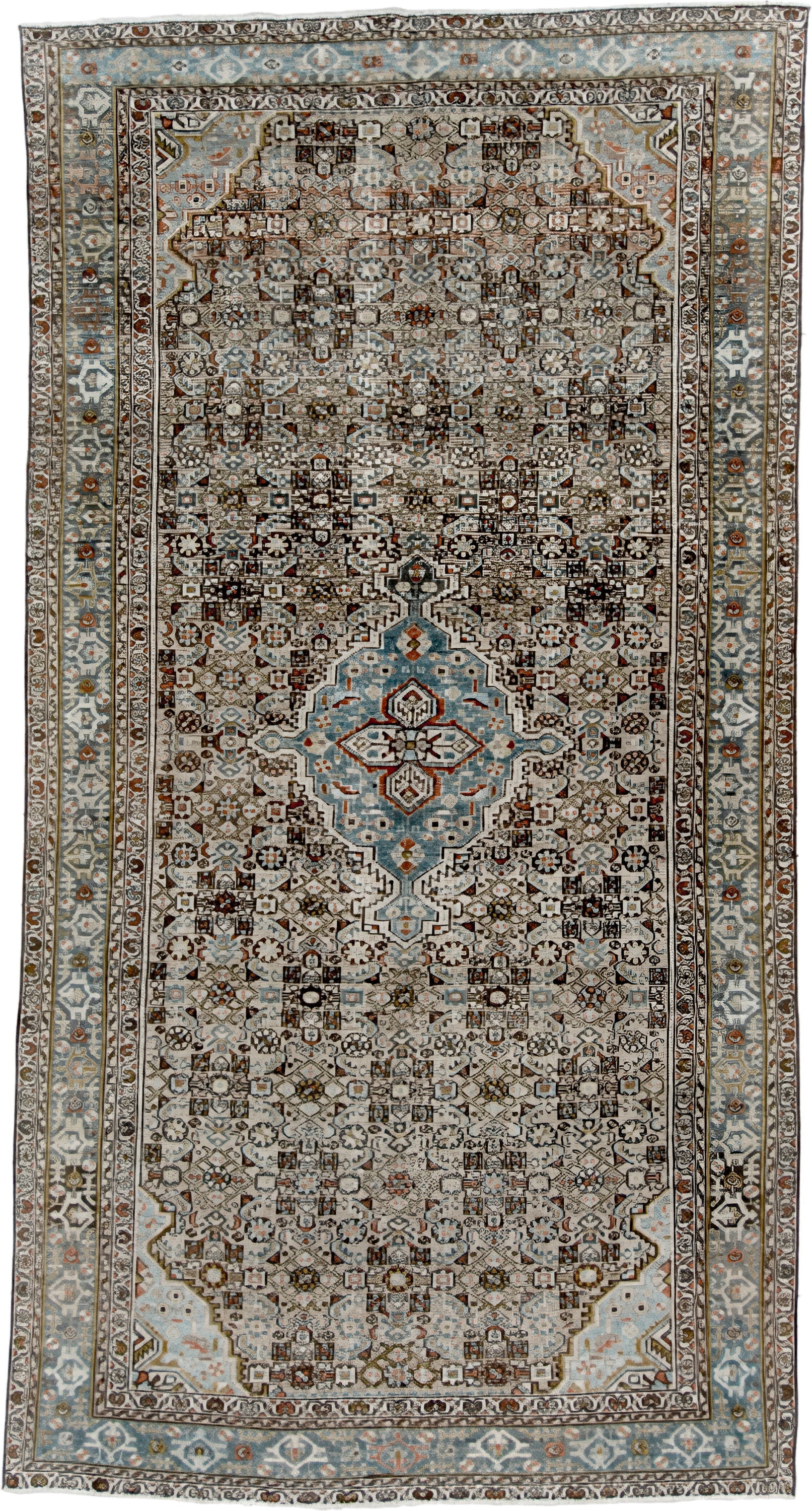 5' x 9' one-of-a-kind handmade vintage Malayer medium size rug. Color palette: ivory, sky blue, brown, rust, charcoal, taupe