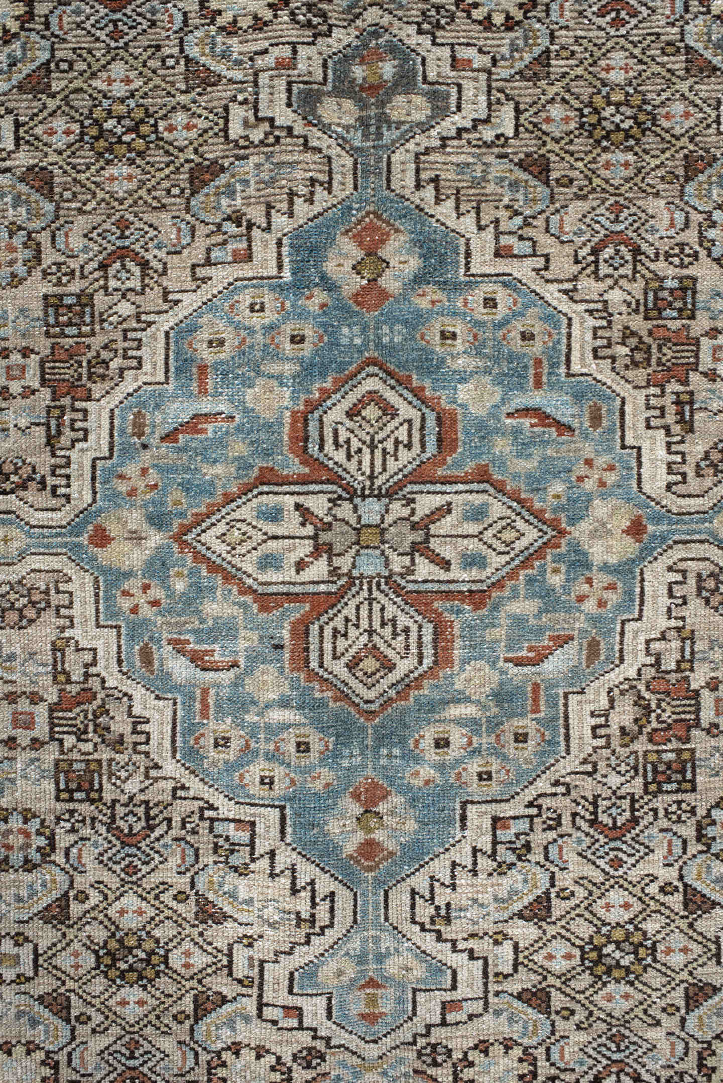5' x 9' one-of-a-kind handmade vintage Malayer medium size rug. Color palette: ivory, sky blue, brown, rust, charcoal, taupe