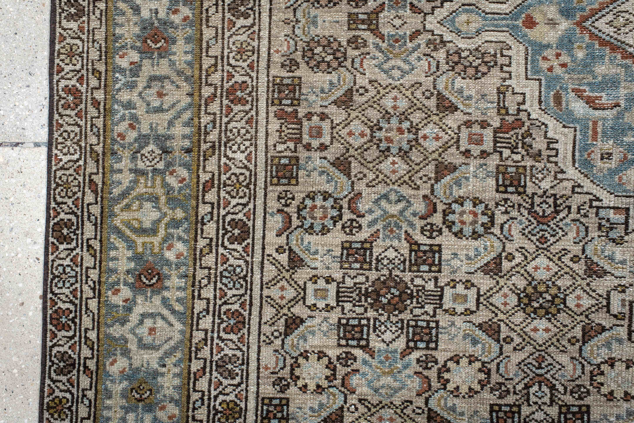 5' x 9' one-of-a-kind handmade vintage Malayer medium size rug. Color palette: ivory, sky blue, brown, rust, charcoal, taupe