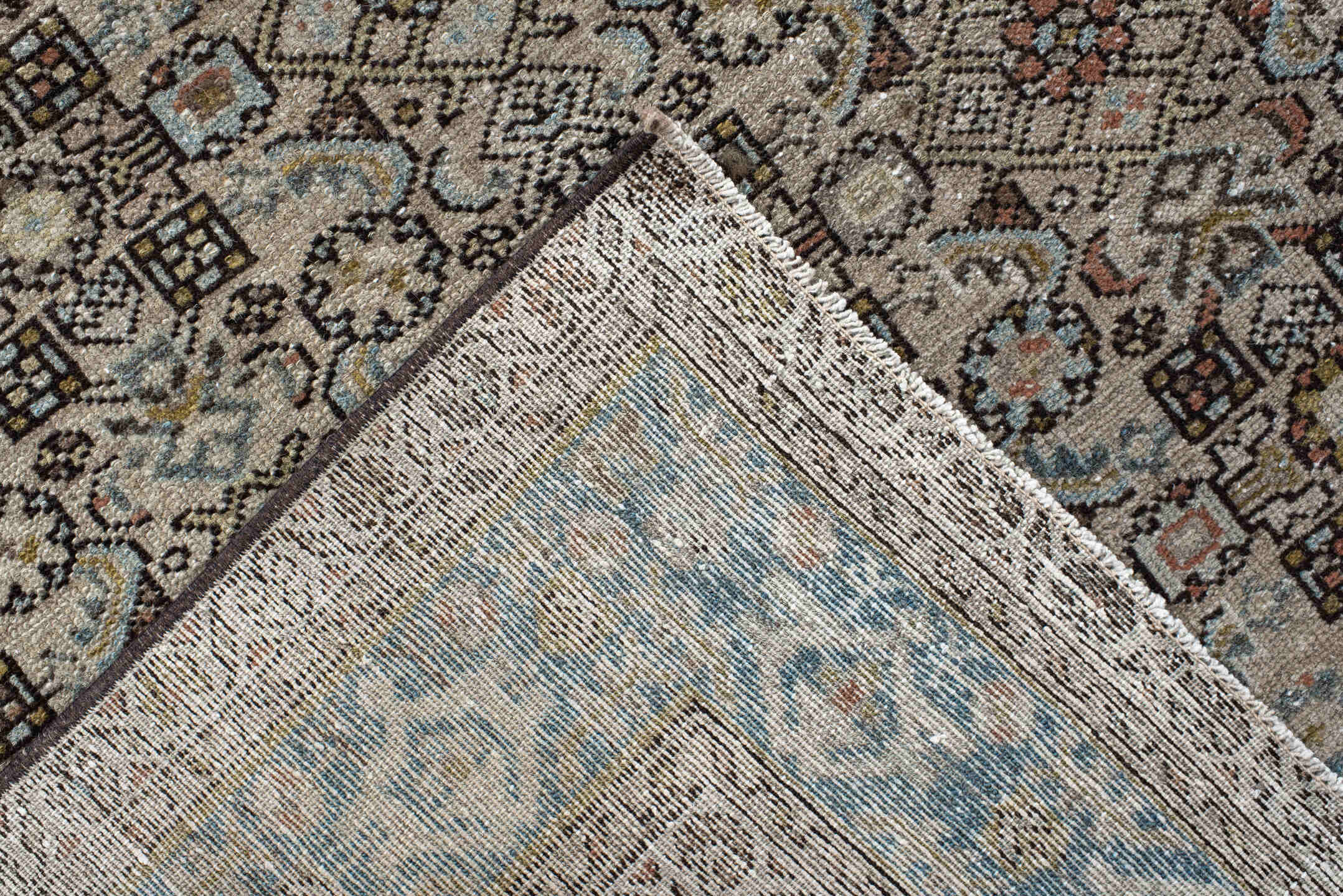 5' x 9' one-of-a-kind handmade vintage Malayer medium size rug. Color palette: ivory, sky blue, brown, rust, charcoal, taupe