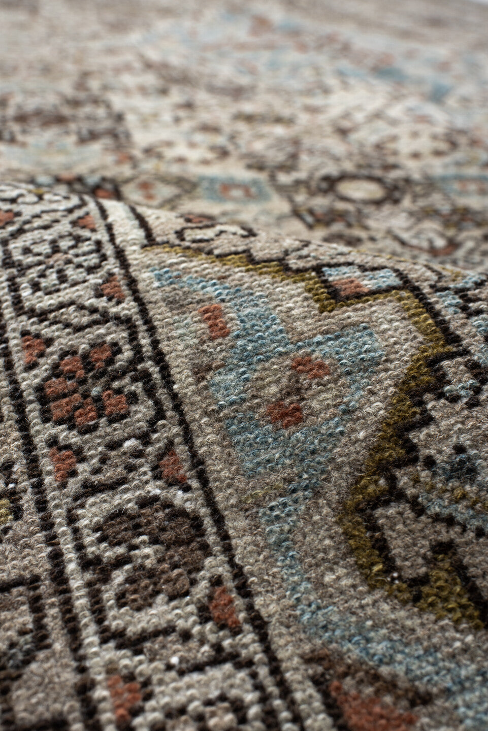 5' x 9' one-of-a-kind handmade vintage Malayer medium size rug. Color palette: ivory, sky blue, brown, rust, charcoal, taupe