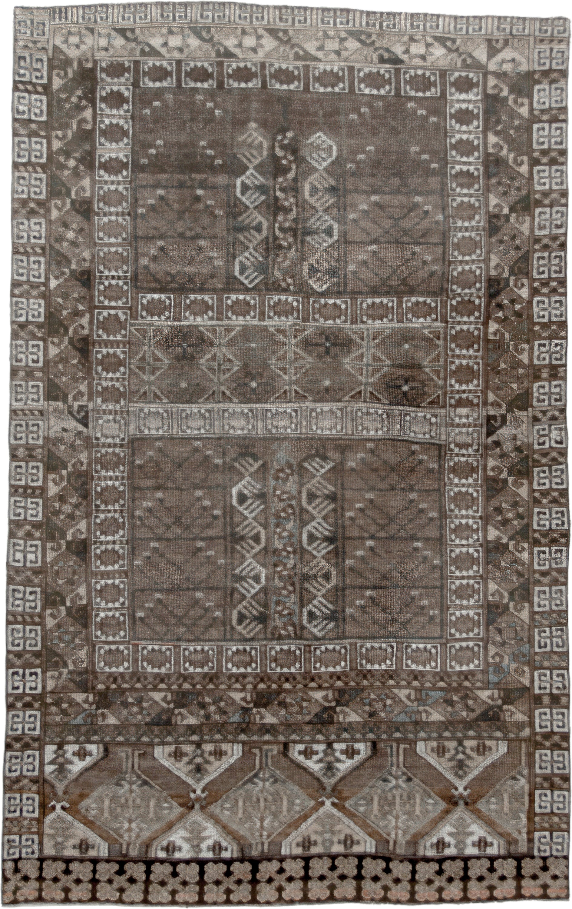 4' x 6' one-of-a-kind handmade vintage Belouch small size rug. Color palette: taupe, brown, ivory, charcoal, camel, slate