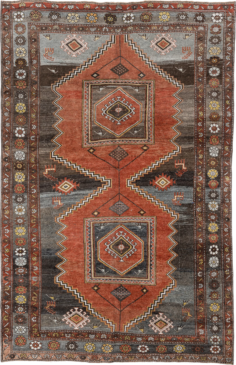 5' x 8' one-of-a-kind handmade vintage Veece medium size rug. Color palette: brown, dark gray, gray, light gray, off-white