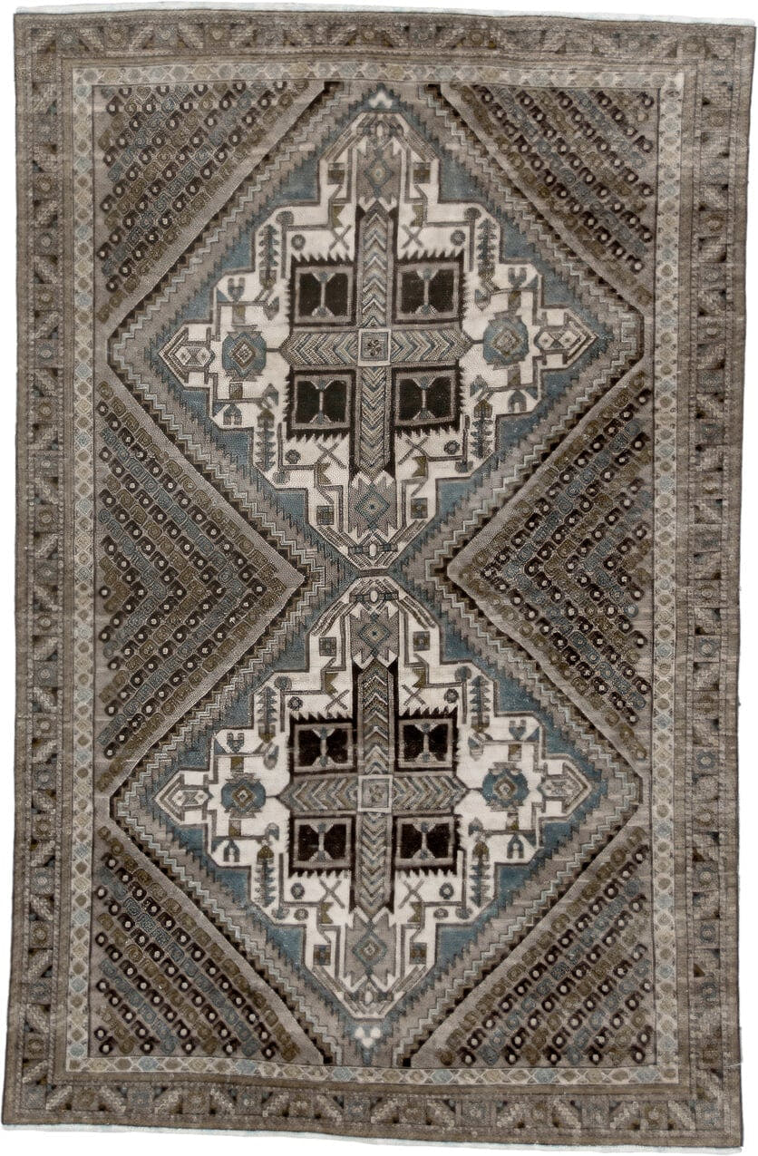 4' x 6' one-of-a-kind handmade vintage Afshar small size rug. Color palette: ivory, taupe, brown, charcoal, slate, camel
