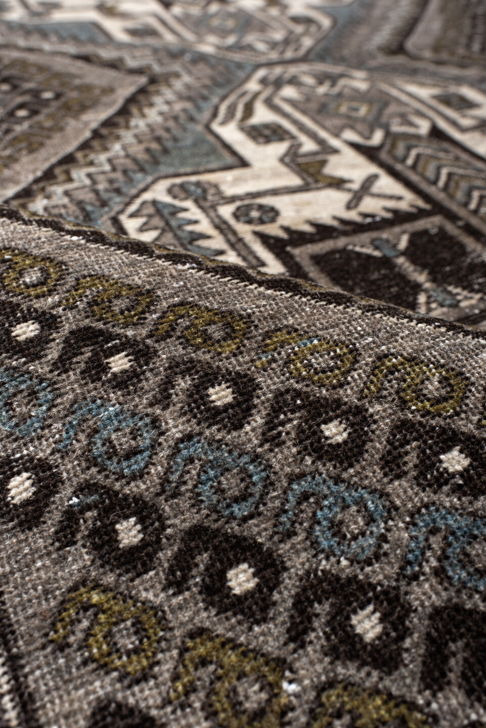 4' x 6' one-of-a-kind handmade vintage Afshar small size rug. Color palette: ivory, taupe, brown, charcoal, slate, camel