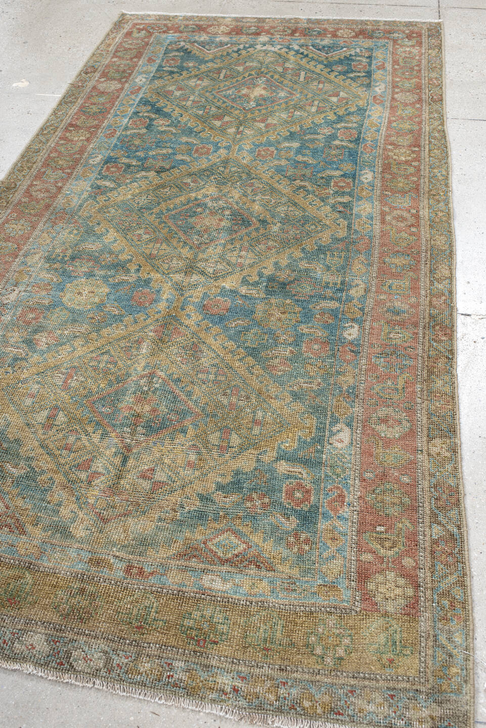 4' x 9' one-of-a-kind handmade vintage NW Persian runner rug. Color palette: blue, brown, dark slate gray, gray, light gray