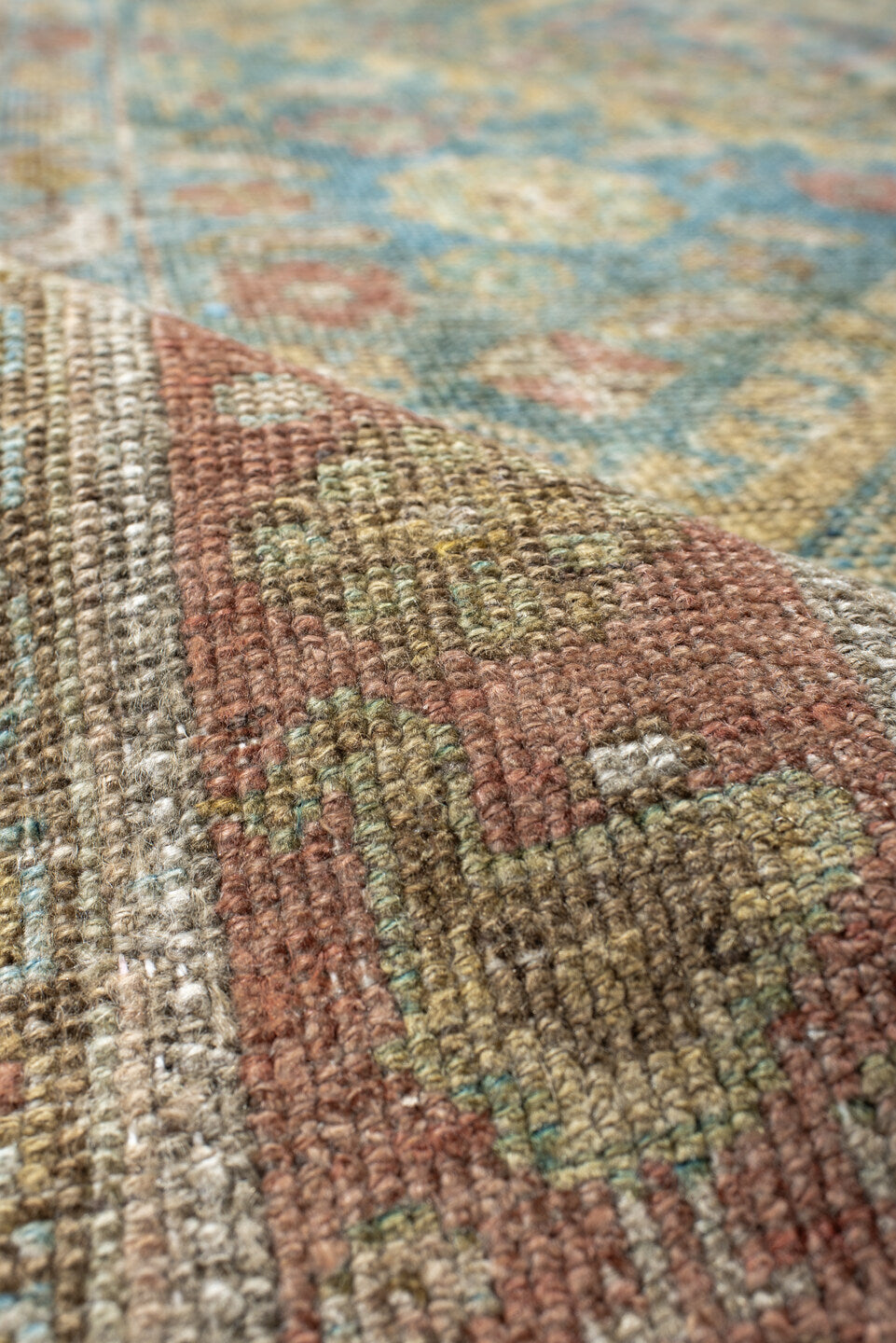 4' x 9' one-of-a-kind handmade vintage NW Persian runner rug. Color palette: blue, brown, dark slate gray, gray, light gray