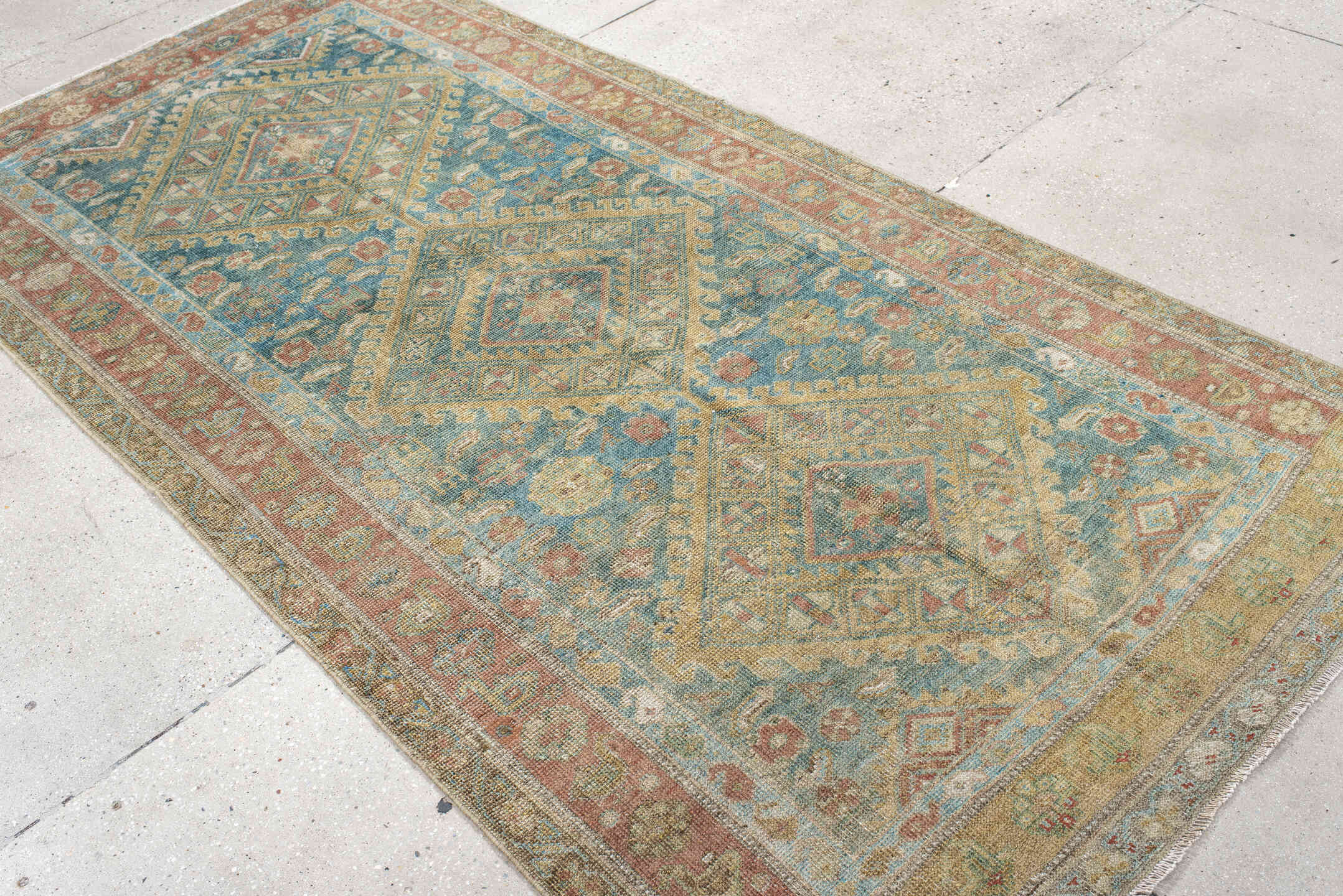 4' x 9' one-of-a-kind handmade vintage NW Persian runner rug. Color palette: blue, brown, dark slate gray, gray, light gray