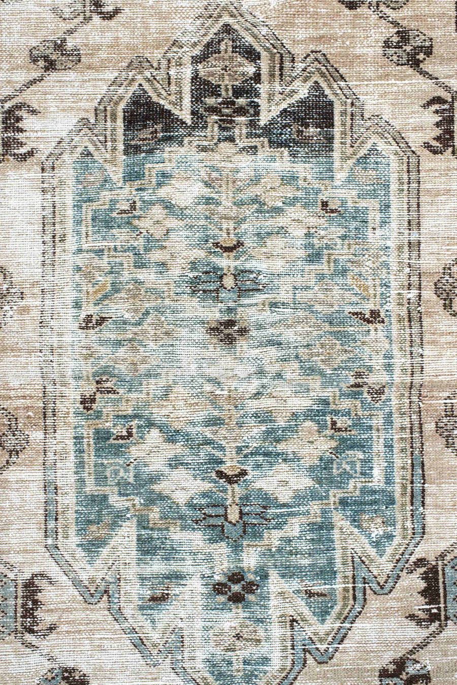 4' x 6' one-of-a-kind handmade vintage Mazlaghan small size rug. Color palette: ivory, aqua, taupe, charcoal, beige, brown