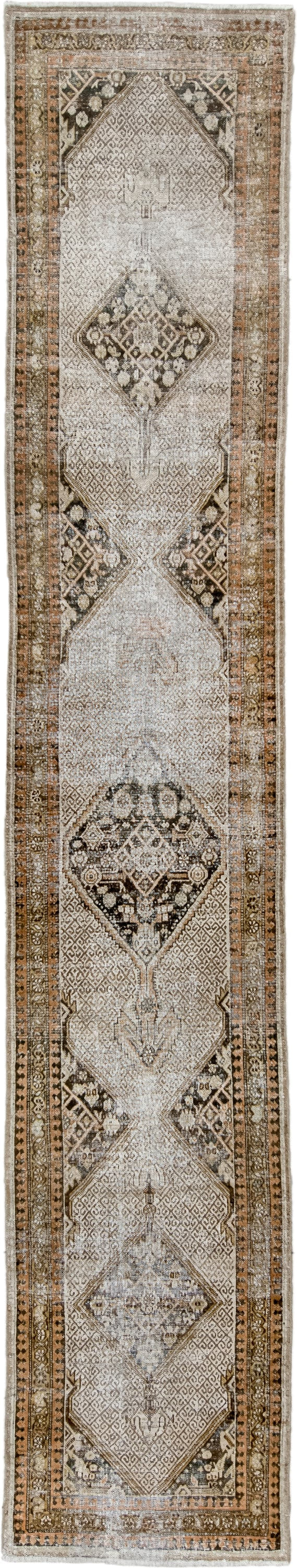 2' x 15' one-of-a-kind handmade vintage Cam Hamadan runner rug. Color palette: ivory, camel, taupe, charcoal, brown, tan