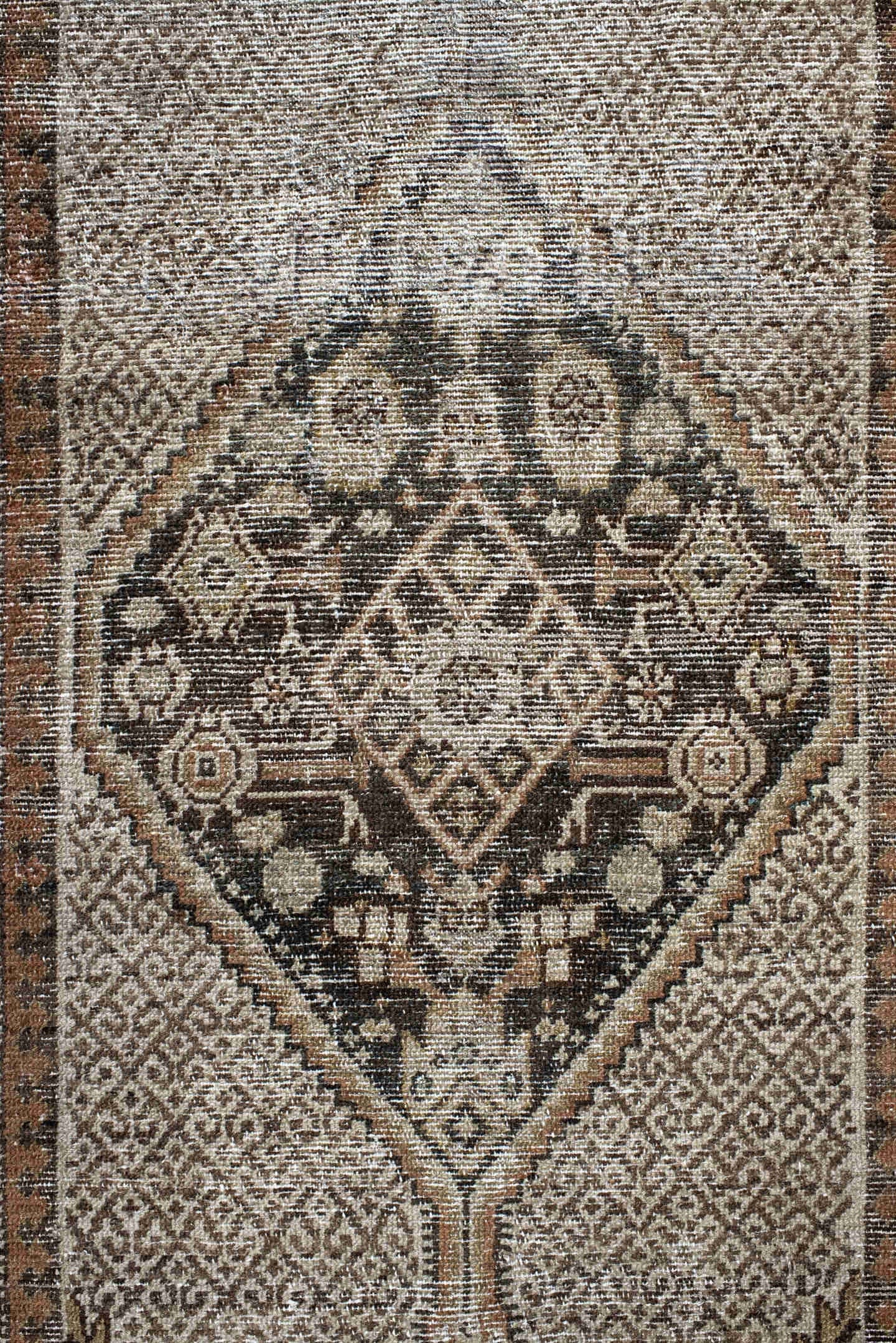 2' x 15' one-of-a-kind handmade vintage Cam Hamadan runner rug. Color palette: ivory, camel, taupe, charcoal, brown, tan