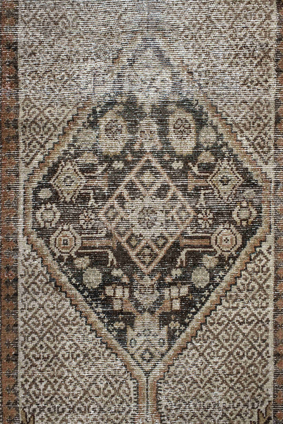 2' x 15' one-of-a-kind handmade vintage Cam Hamadan runner rug. Color palette: ivory, camel, taupe, charcoal, brown, tan