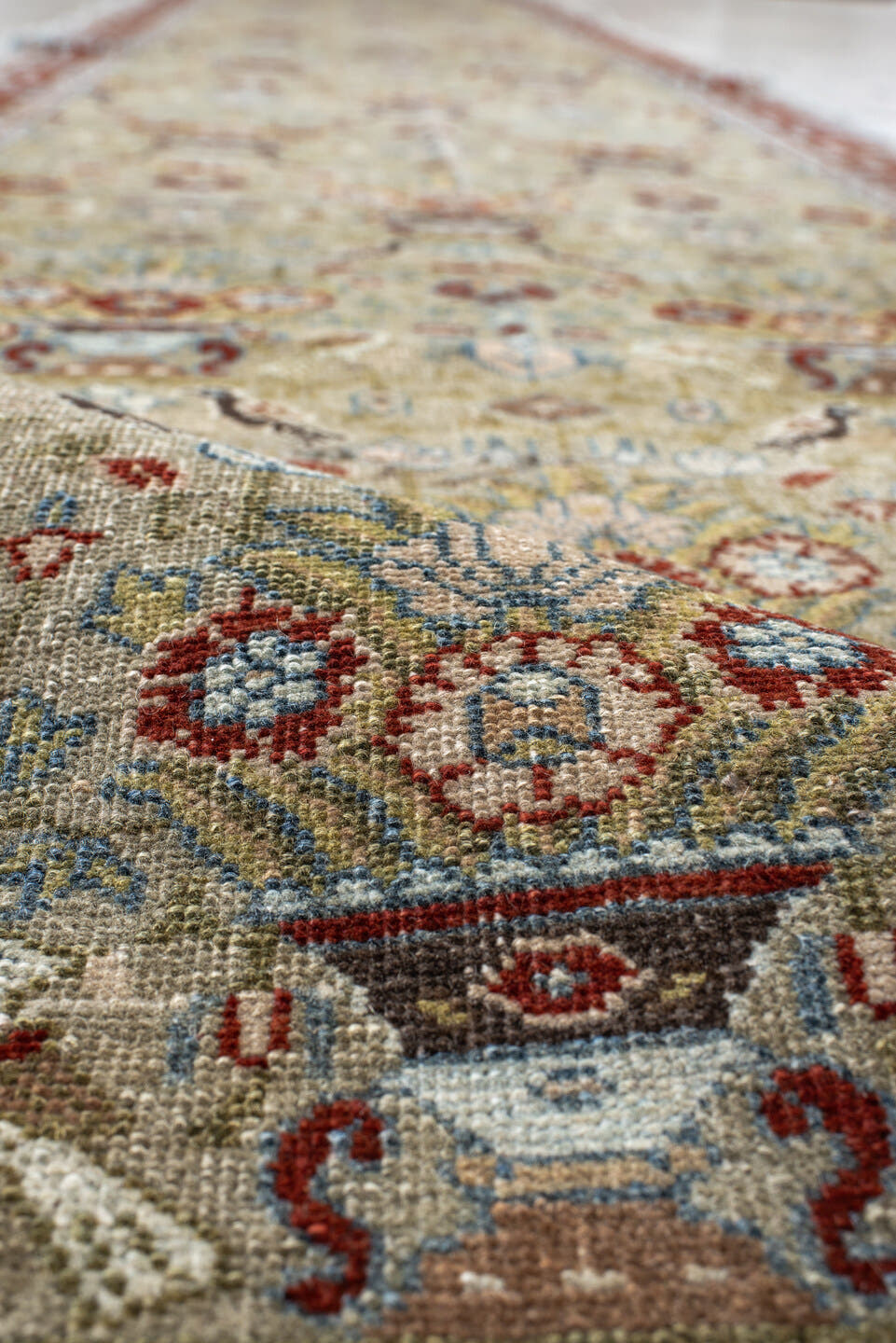 2' x 14' one-of-a-kind handmade vintage Senne runner rug. Color palette: ivory, rust, sage, light blue, taupe, brown