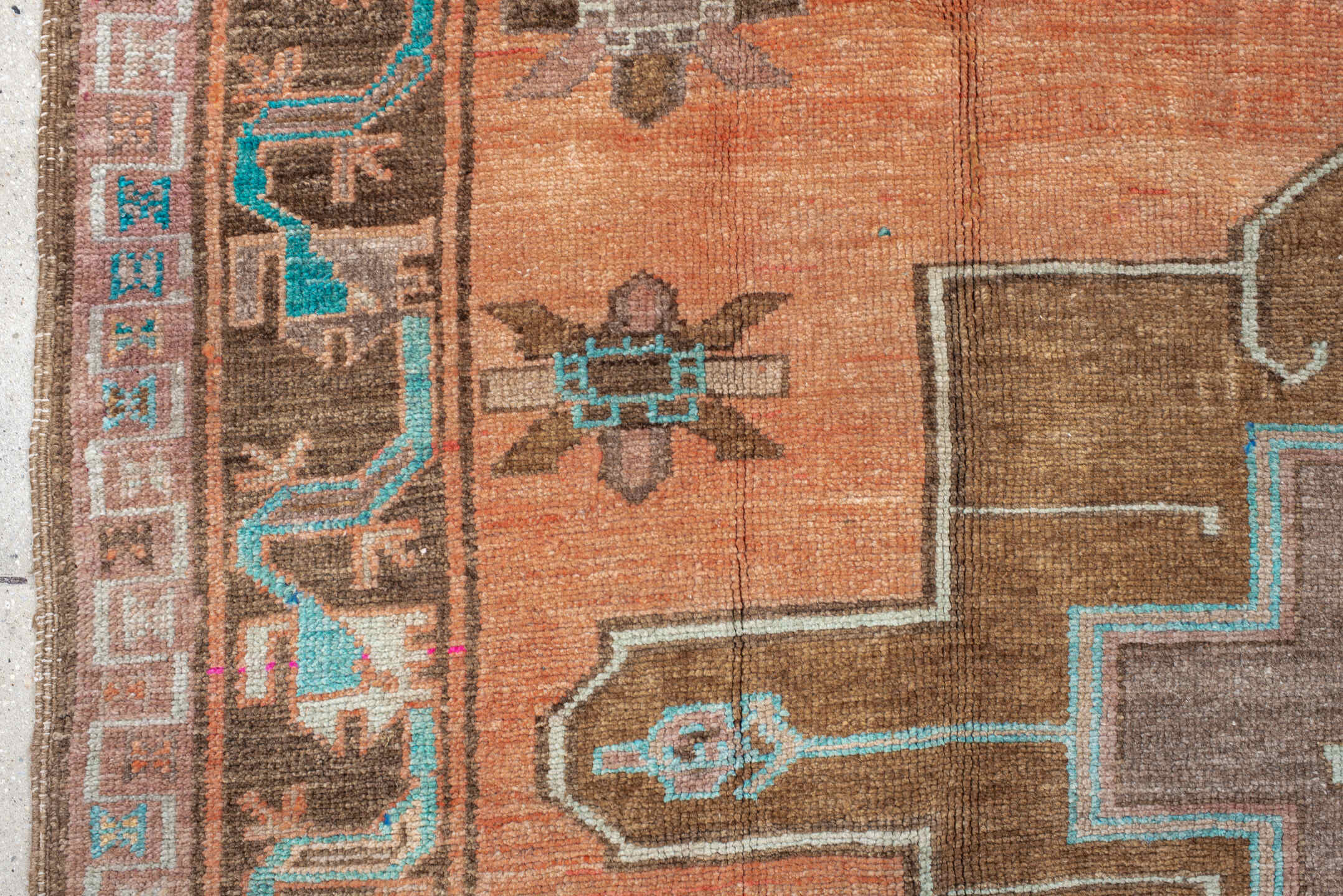 6' x 7' one-of-a-kind handmade vintage Kars rug. Color palette: salmon, taupe, camel, turquoise, ivory, brown, terracotta