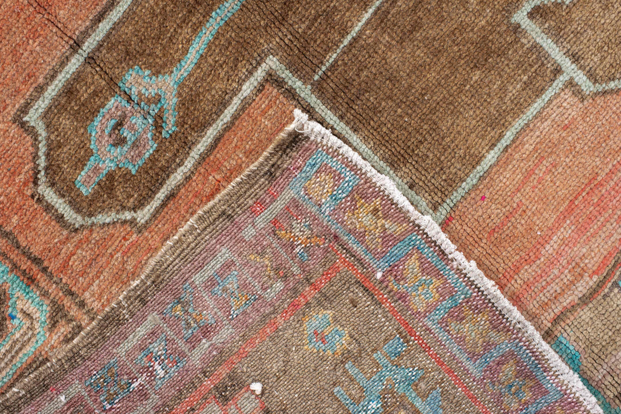 6' x 7' one-of-a-kind handmade vintage Kars rug. Color palette: salmon, taupe, camel, turquoise, ivory, brown, terracotta