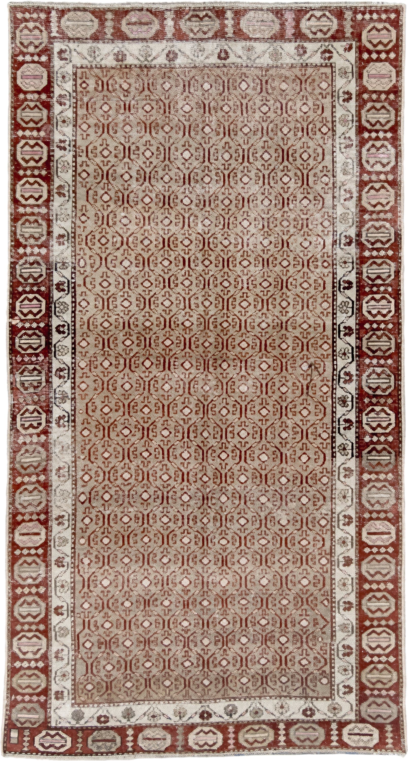 4' x 7' one-of-a-kind handmade vintage Anatolian rug. Color palette: ivory, rust, rose, taupe, brown, terracotta, pink, red