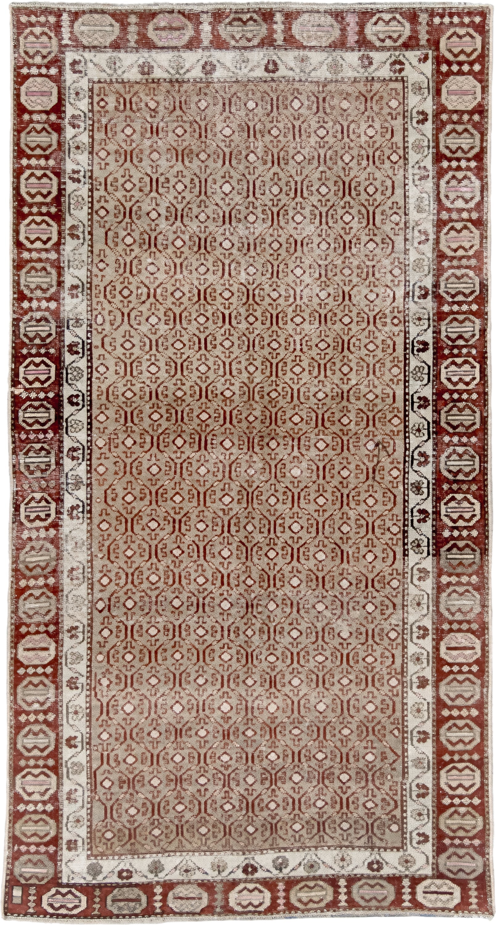 4' x 7' one-of-a-kind handmade vintage Anatolian rug. Color palette: ivory, rust, rose, taupe, brown, terracotta, pink, red