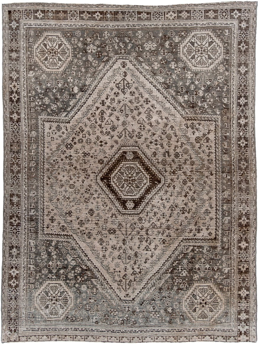 7' x 9' one-of-a-kind handmade vintage Shiraz rug. Color palette: ivory, taupe, brown, slate, charcoal, camel, beige, gray
