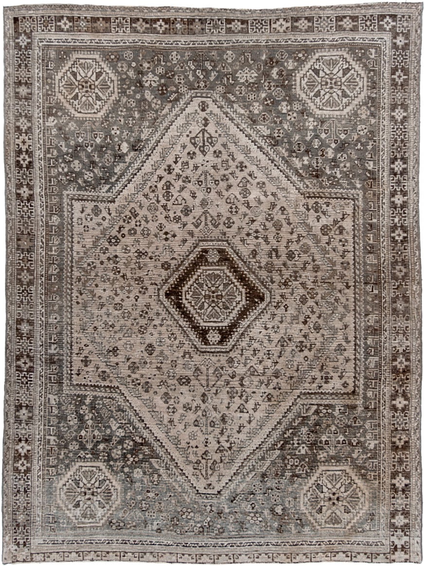 7' x 9' one-of-a-kind handmade vintage Shiraz rug. Color palette: ivory, taupe, brown, slate, charcoal, camel, beige, gray