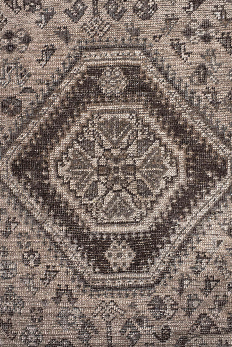 7' x 9' one-of-a-kind handmade vintage Shiraz rug. Color palette: ivory, taupe, brown, slate, charcoal, camel, beige, gray