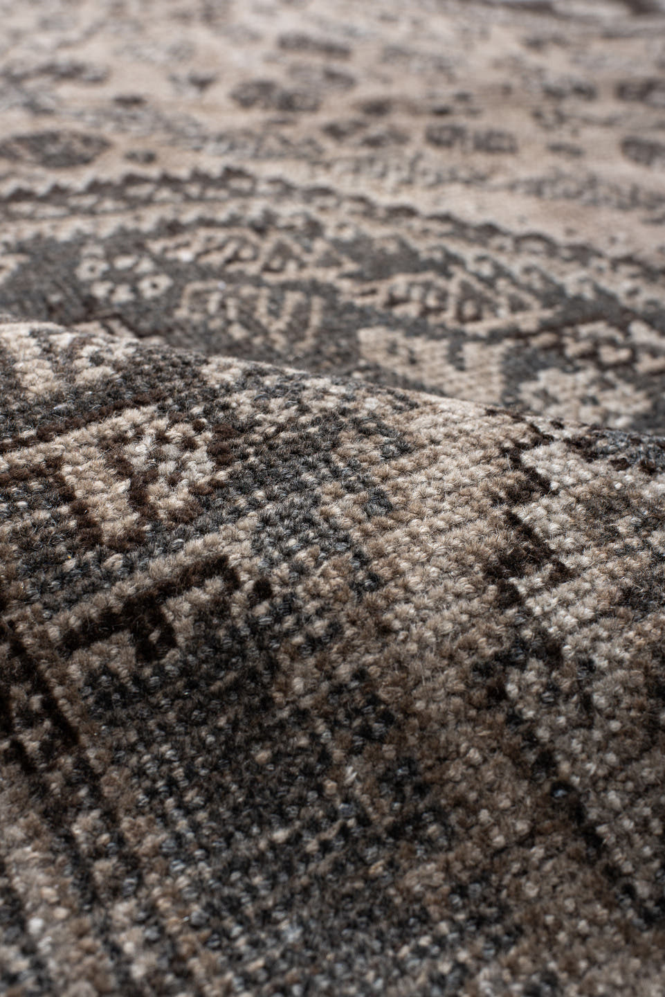 7' x 9' one-of-a-kind handmade vintage Shiraz rug. Color palette: ivory, taupe, brown, slate, charcoal, camel, beige, gray