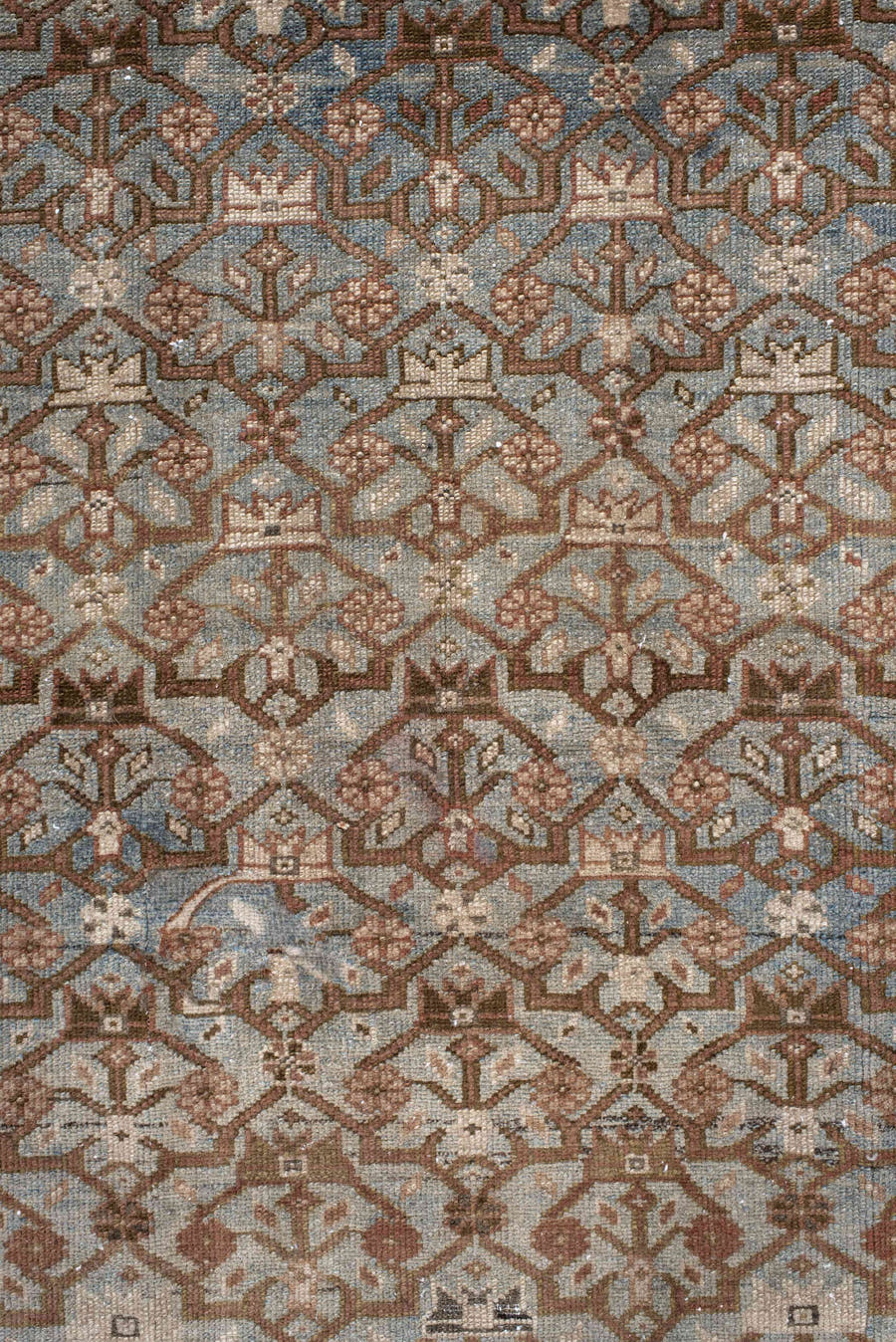 4' x 14' one-of-a-kind handmade vintage Malayer runner rug. Color palette: ivory, sky blue, taupe, rust, camel, brown