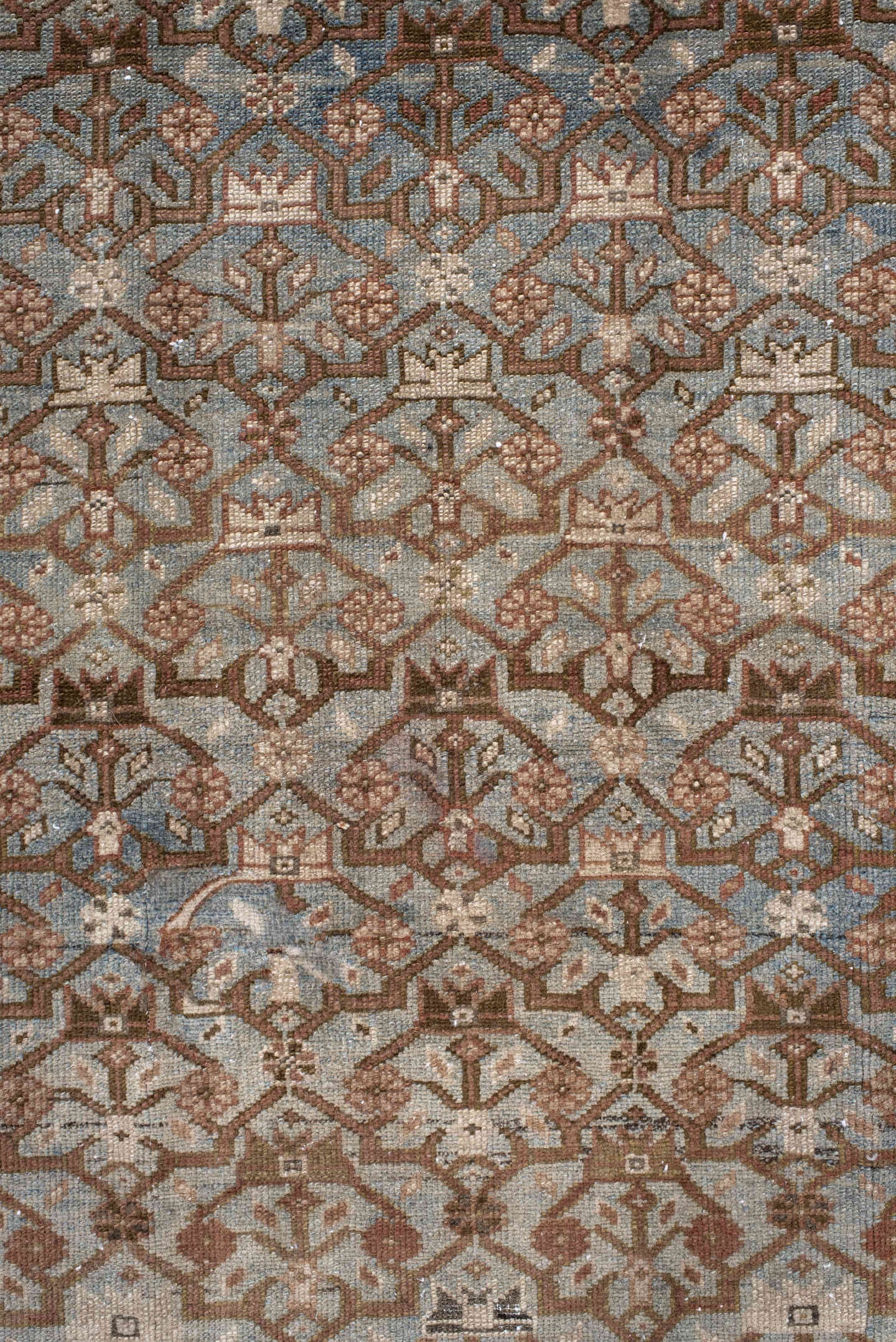 4' x 14' one-of-a-kind handmade vintage Malayer runner rug. Color palette: ivory, sky blue, taupe, rust, camel, brown