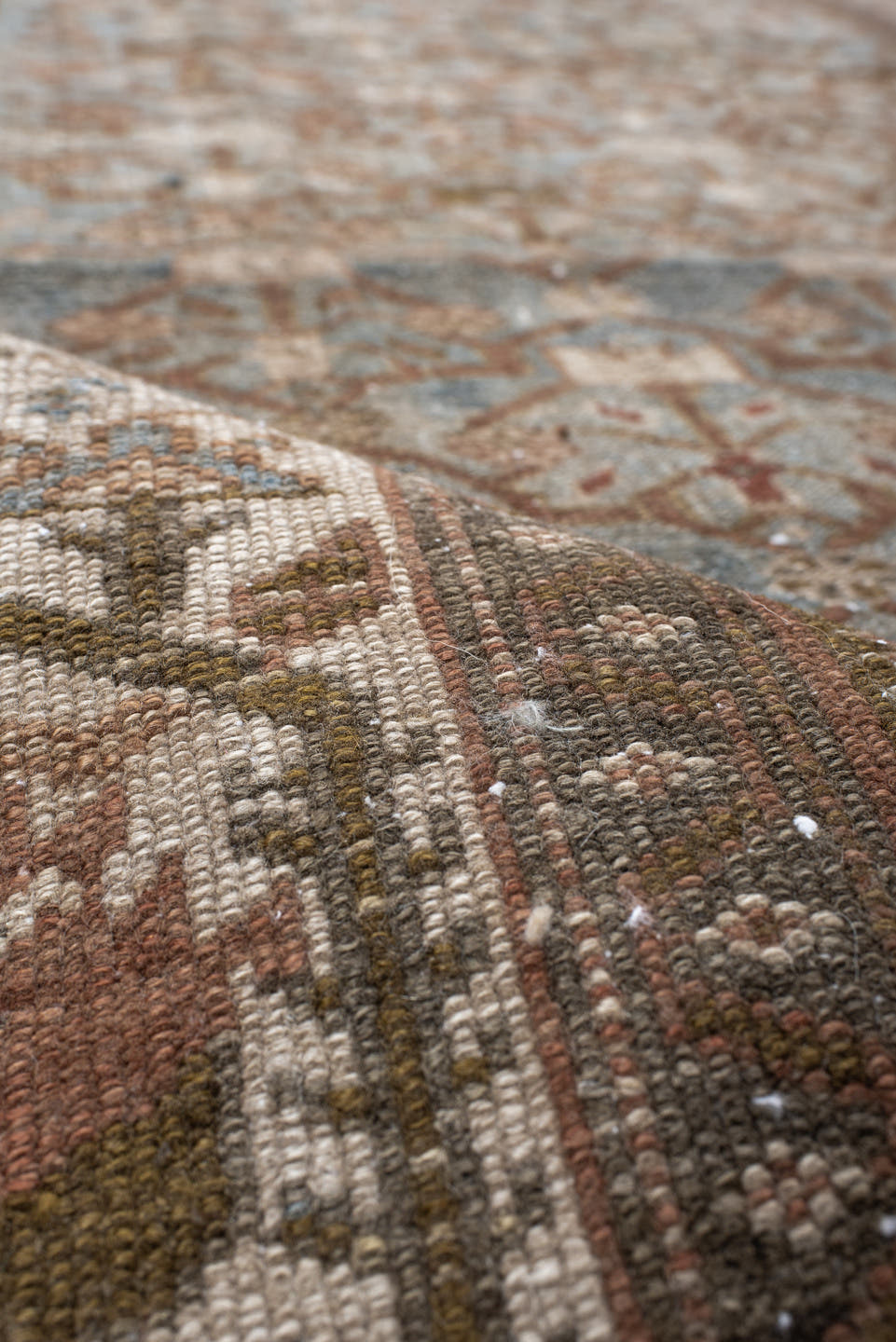 4' x 14' one-of-a-kind handmade vintage Malayer runner rug. Color palette: ivory, sky blue, taupe, rust, camel, brown