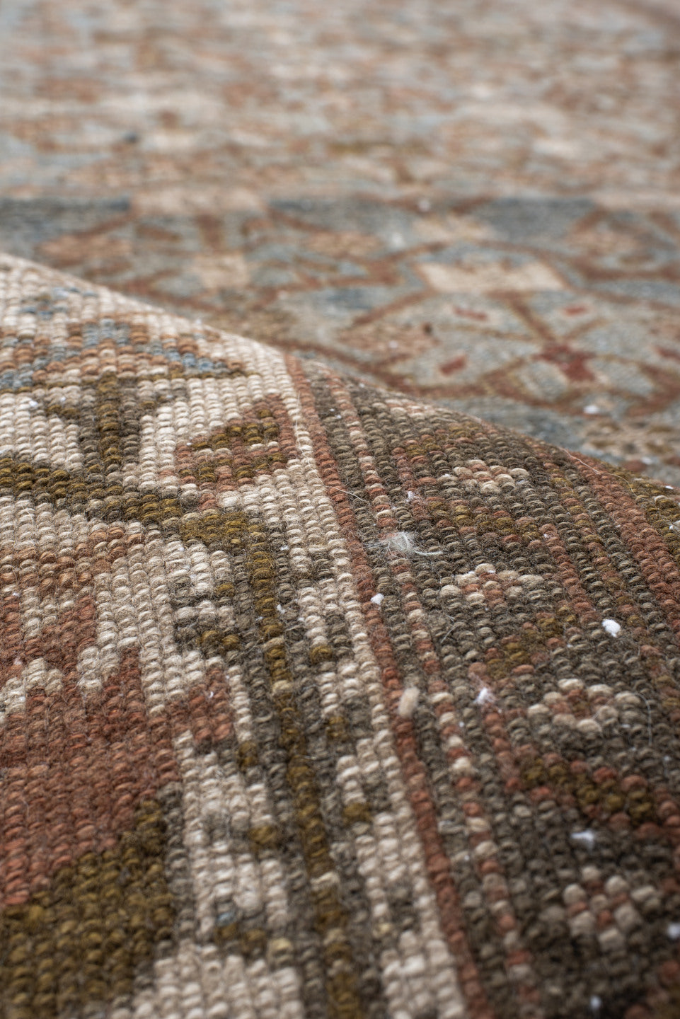 4' x 14' one-of-a-kind handmade vintage Malayer runner rug. Color palette: ivory, sky blue, taupe, rust, camel, brown
