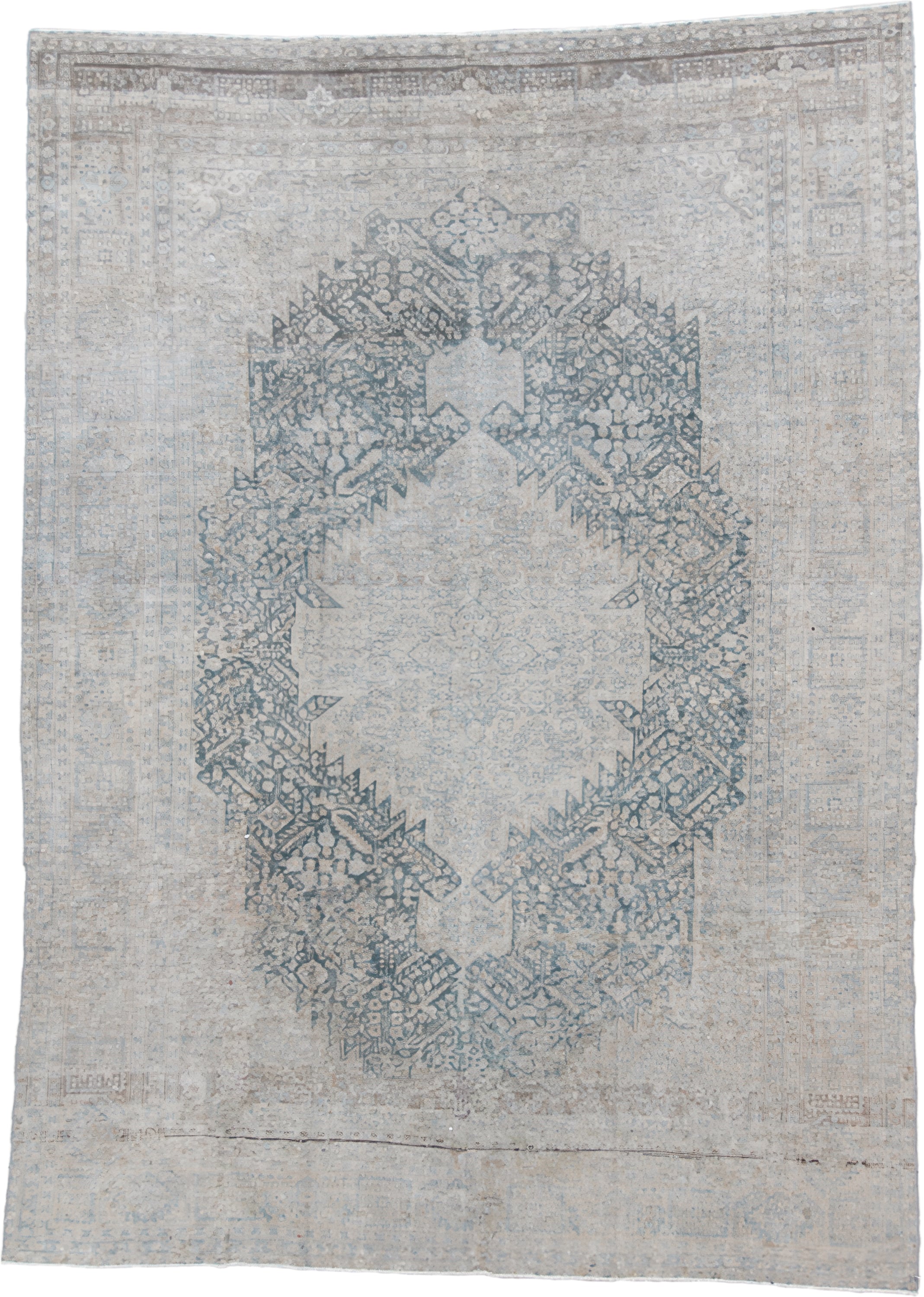 7' x 10' one-of-a-kind handmade vintage Senne large size rug. Color palette: ivory, pale blue, sky blue, taupe, light gray