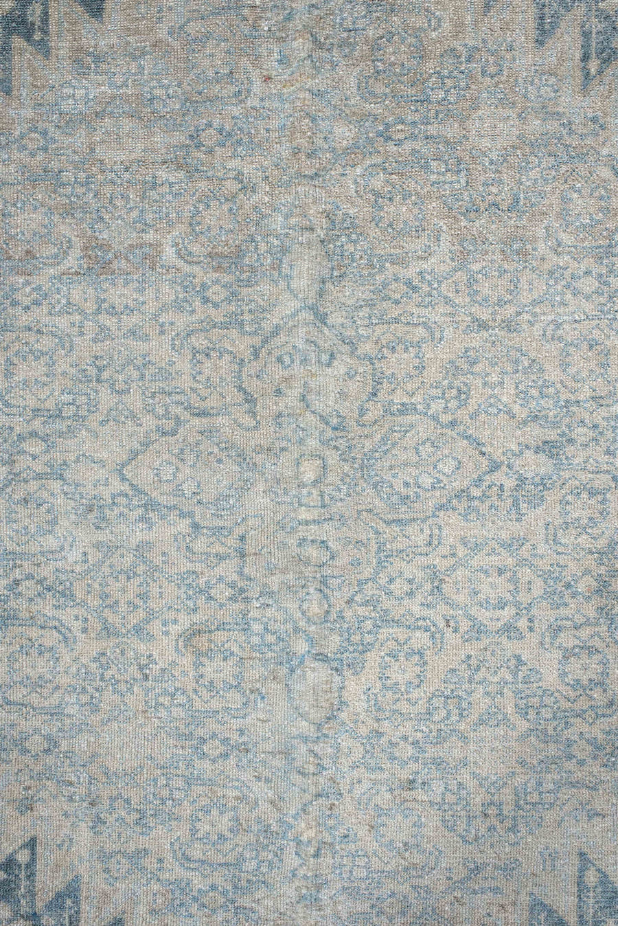 7' x 10' one-of-a-kind handmade vintage Senne large size rug. Color palette: ivory, pale blue, sky blue, taupe, light gray