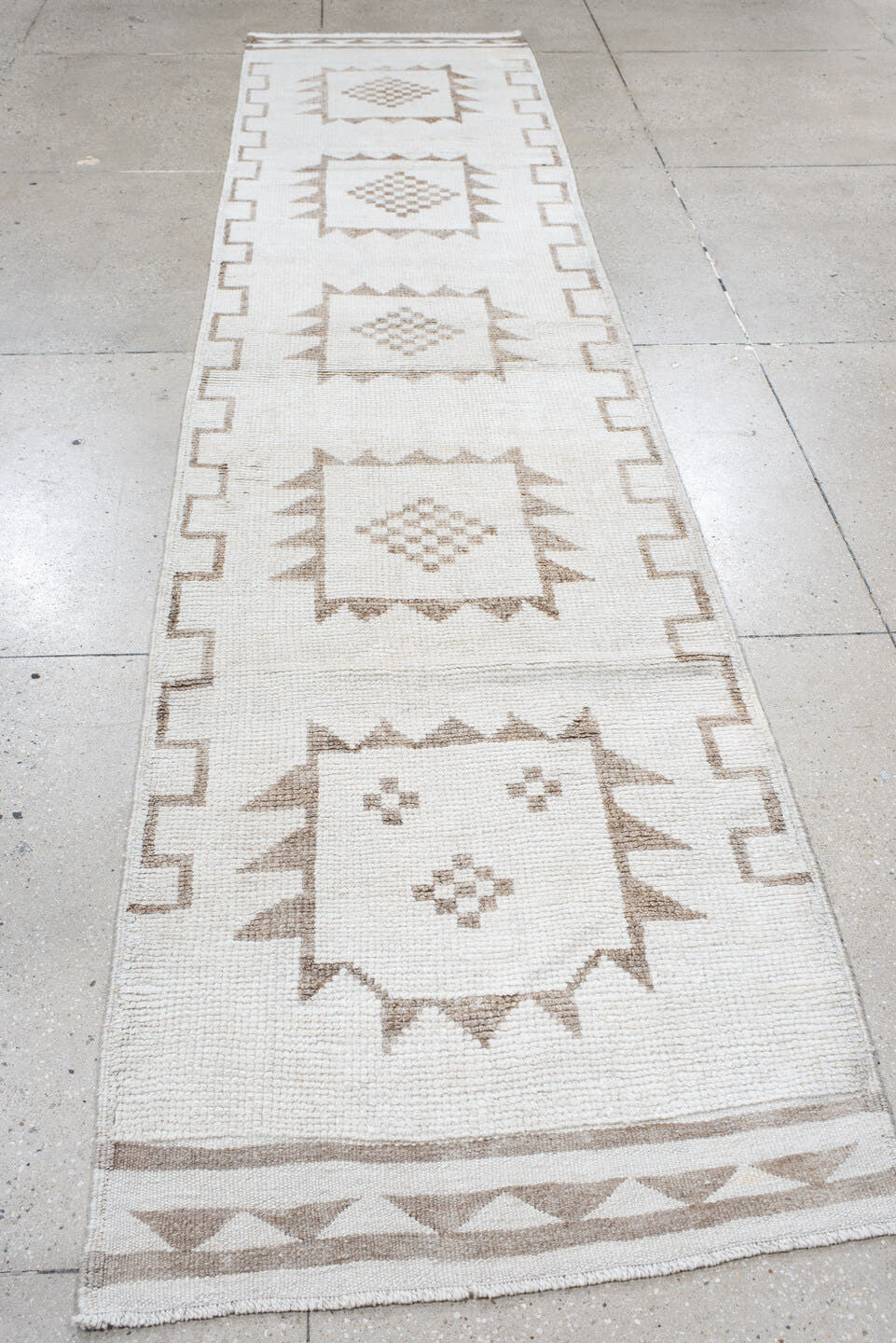 3' x 13' one-of-a-kind handmade vintage Kars runner rug. Color palette: ivory, taupe, beige, gray