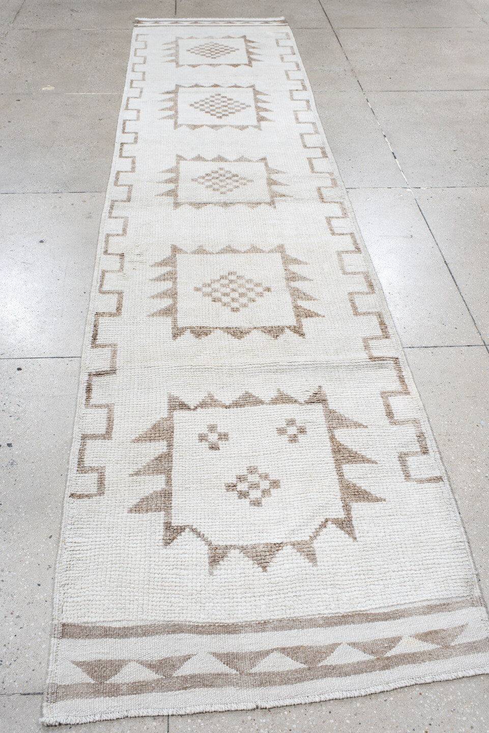 3' x 13' one-of-a-kind handmade vintage Kars runner rug. Color palette: ivory, taupe, beige, gray