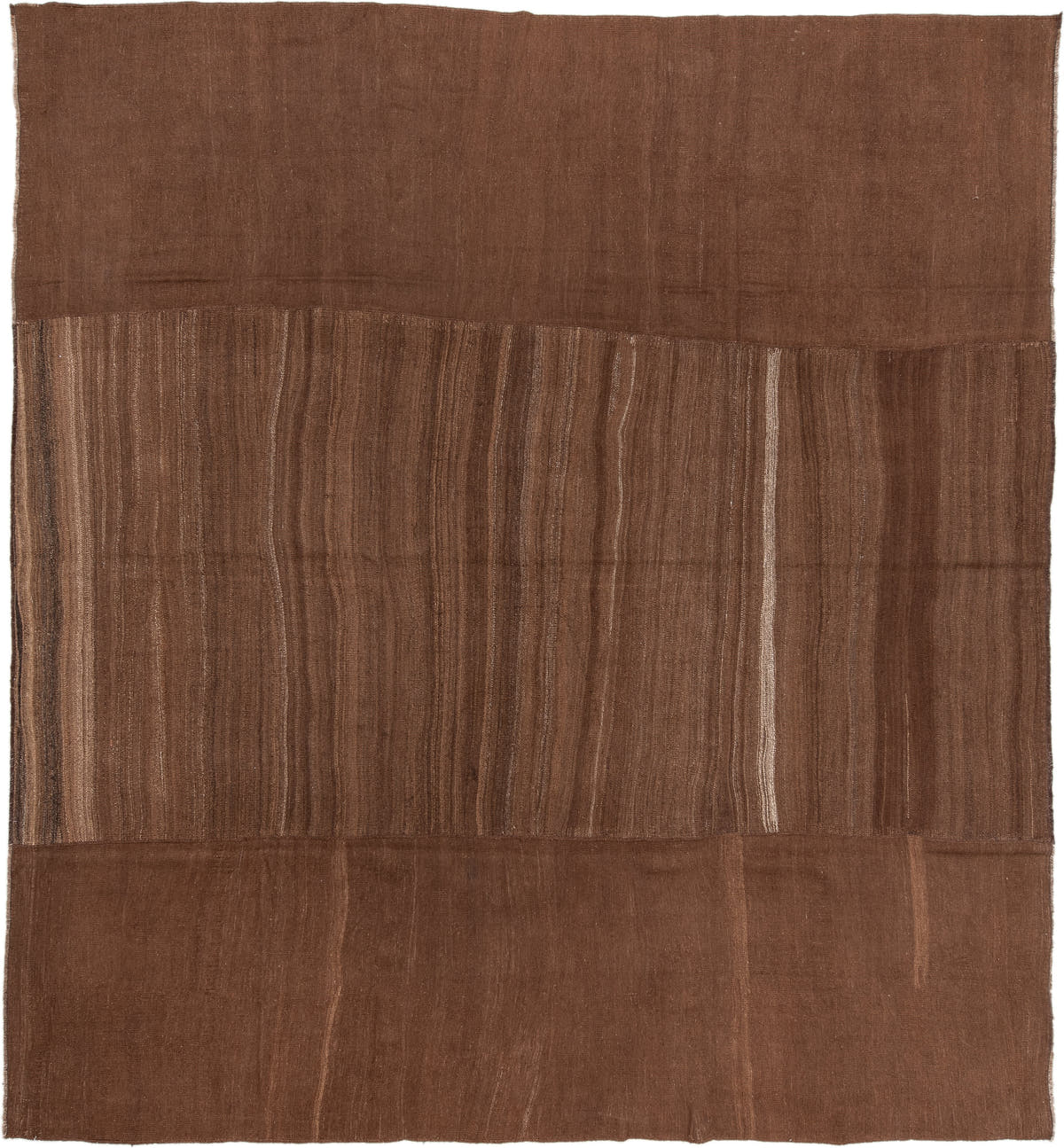 11' x 12' one-of-a-kind handmade vintage Kilim oversize rug. Color palette: brown, camel, taupe, walnut, beige, gray