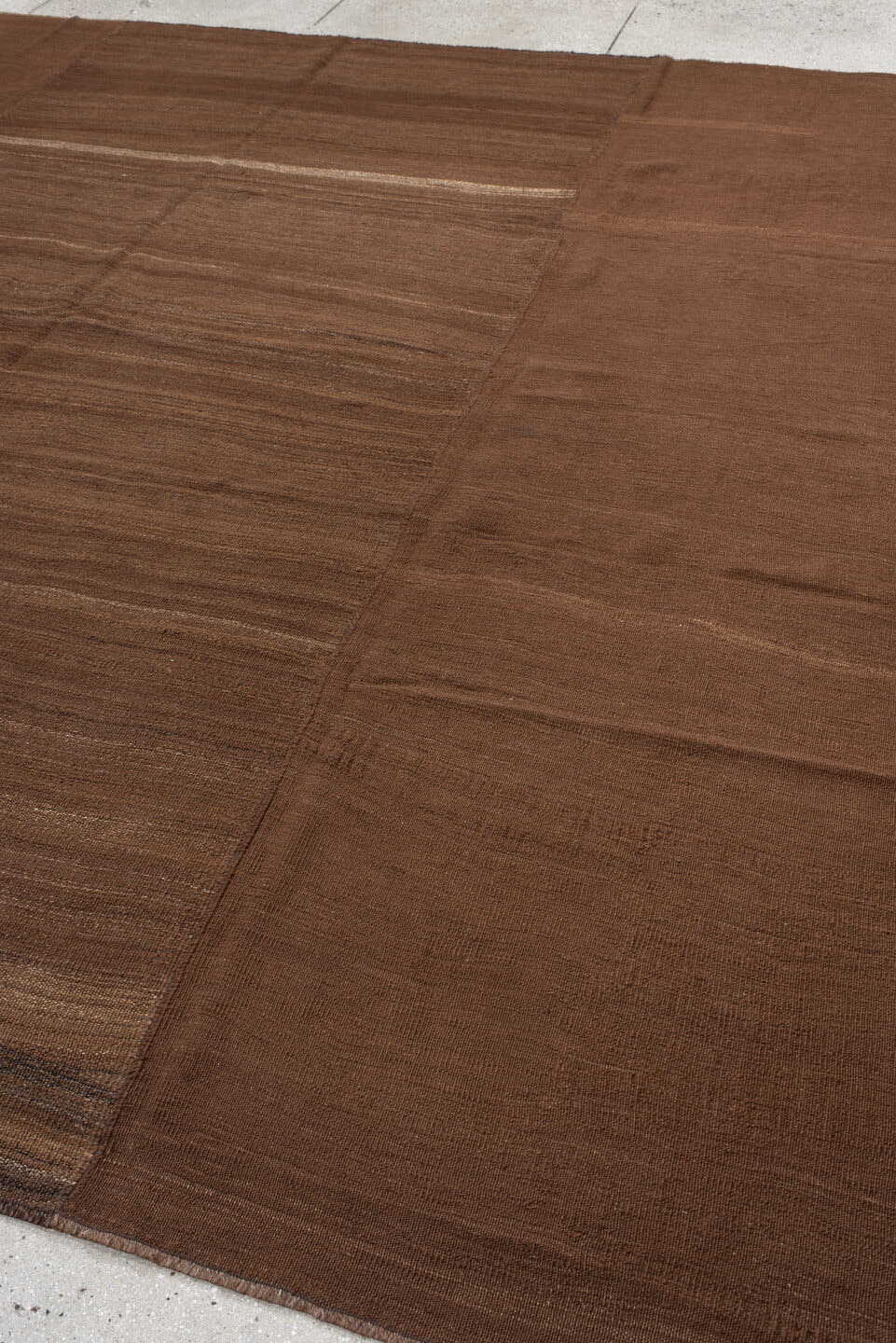 11' x 12' one-of-a-kind handmade vintage Kilim oversize rug. Color palette: brown, camel, taupe, walnut, beige, gray