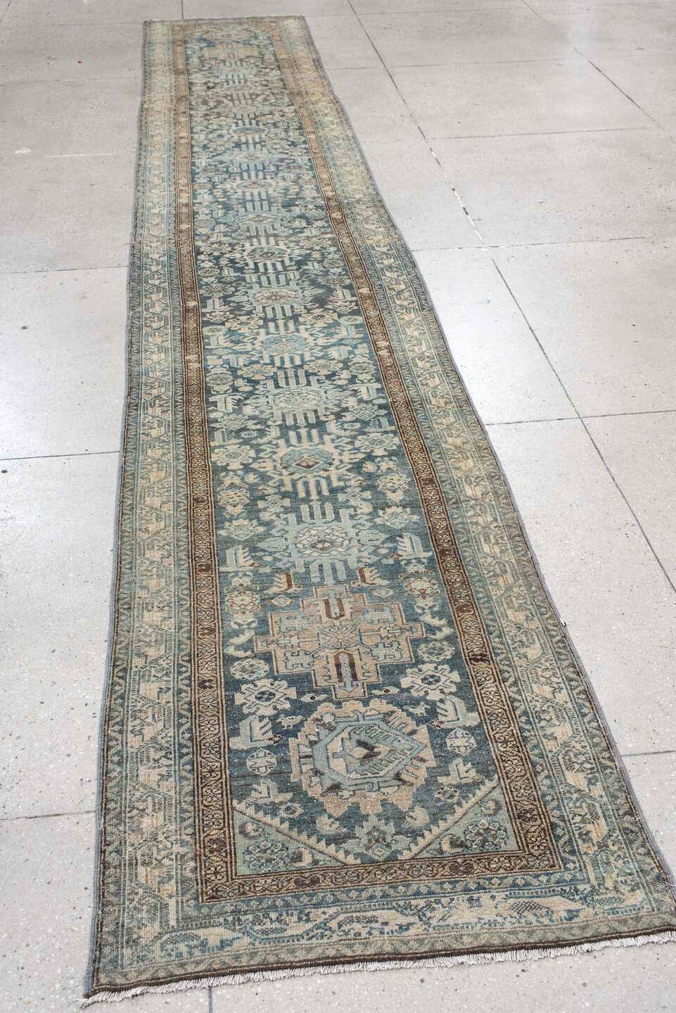 2' x 16' one-of-a-kind handmade vintage Malayer runner rug. Color palette: black, blue, brown, charcoal, dark gray, dim gray