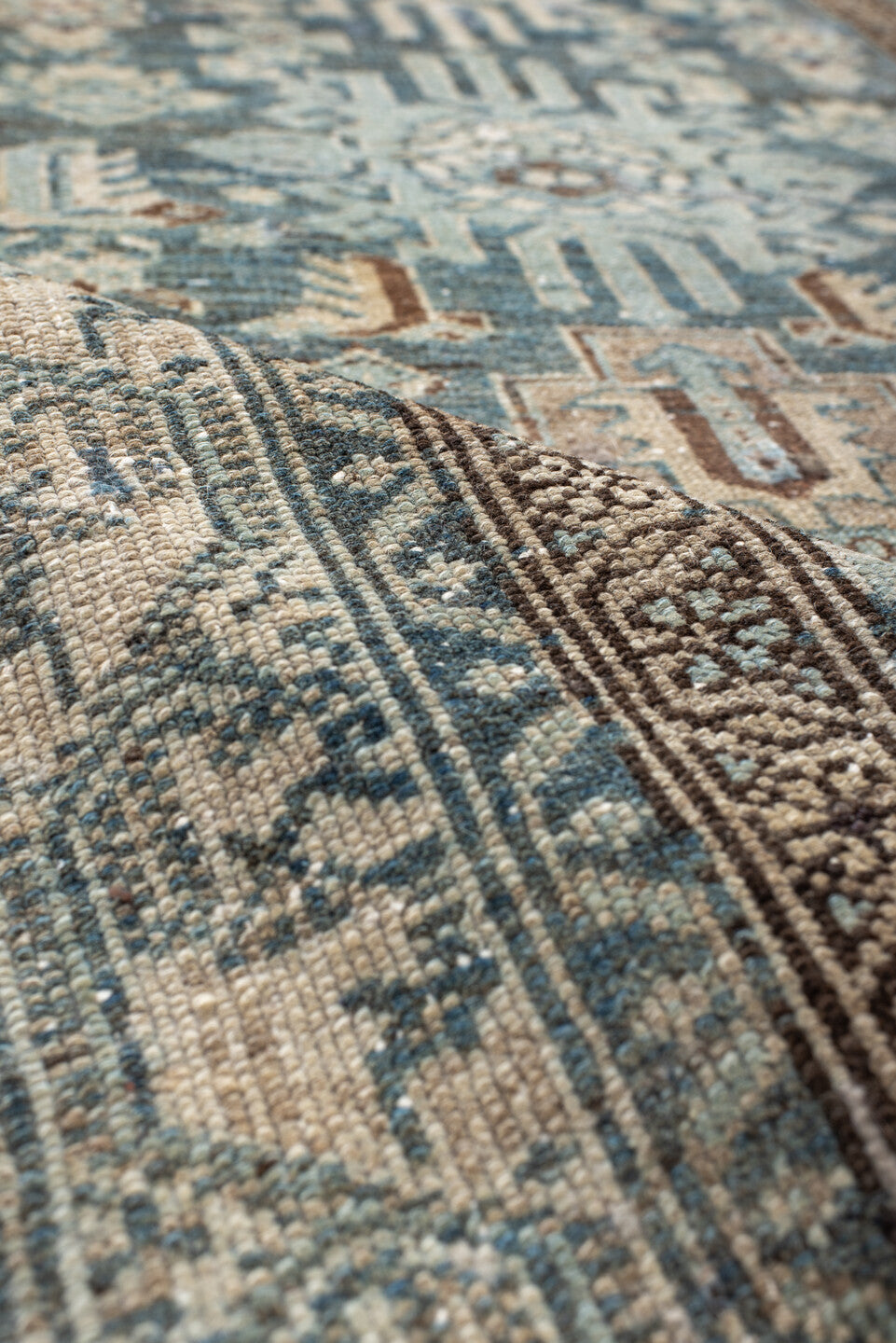 2' x 16' one-of-a-kind handmade vintage Malayer runner rug. Color palette: black, blue, brown, charcoal, dark gray, dim gray