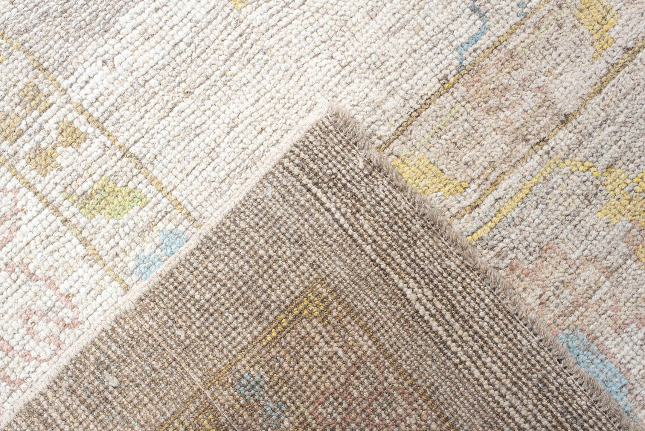 12' x 20' one-of-a-kind handmade vintage Oushak oversize rug. Color palette: ivory, pale blue, gold, sage, blush, taupe