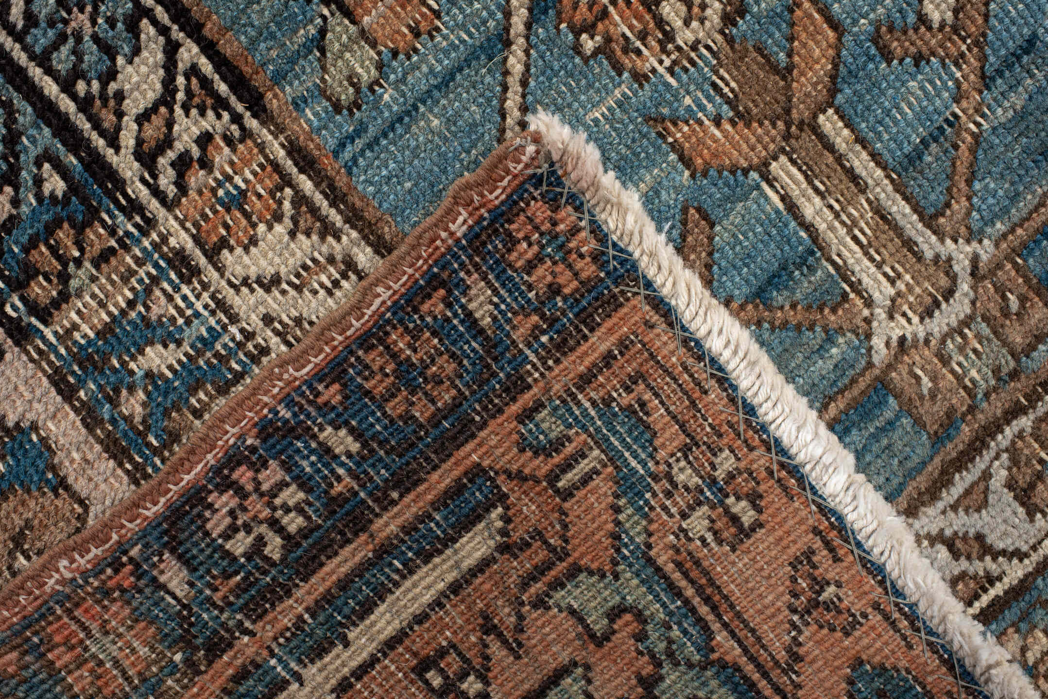10' x 14' one-of-a-kind handmade vintage Serapi large size rug. Color palette: terra cotta, ivory, blue, beige, camel, slate