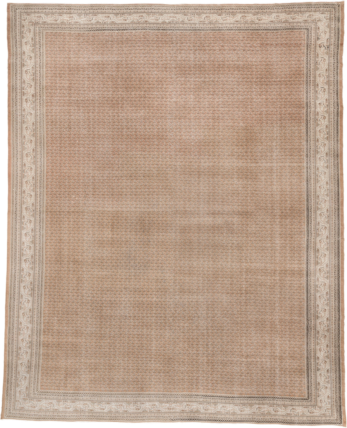 12' x 15' one-of-a-kind handmade antique Mir oversize rug. Color palette: camel, ivory, muted rose, taupe, sienna, charcoal