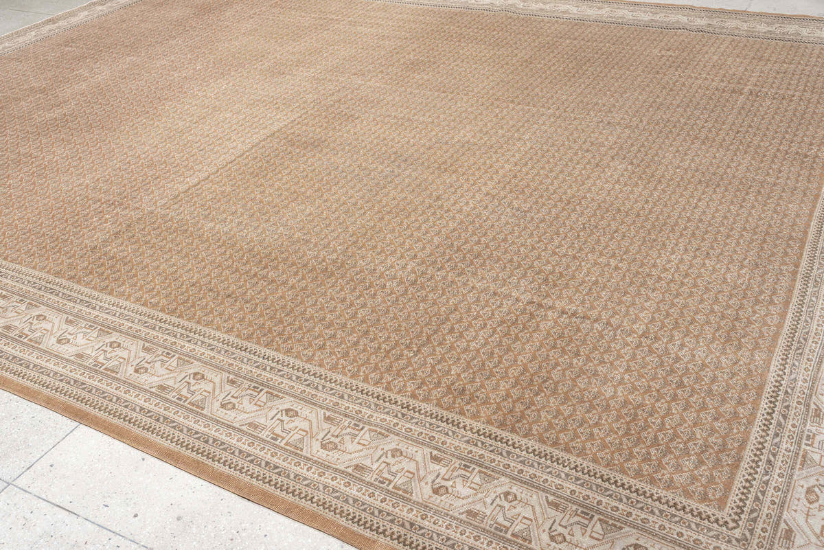 12' x 15' one-of-a-kind handmade antique Mir oversize rug. Color palette: camel, ivory, muted rose, taupe, sienna, charcoal