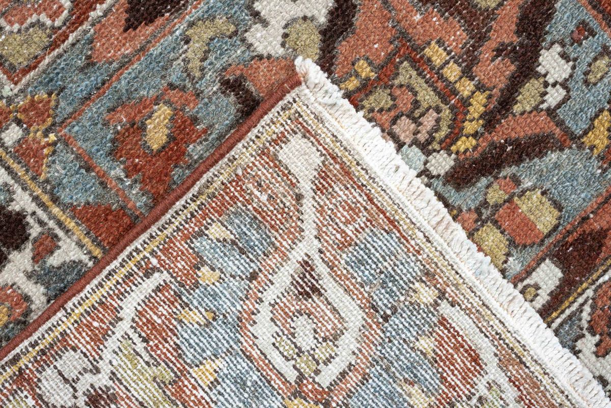 6' x 9' one-of-a-kind handmade antique Baktiary large size rug. Color palette: terracotta, ivory, blue gray, rust, brown