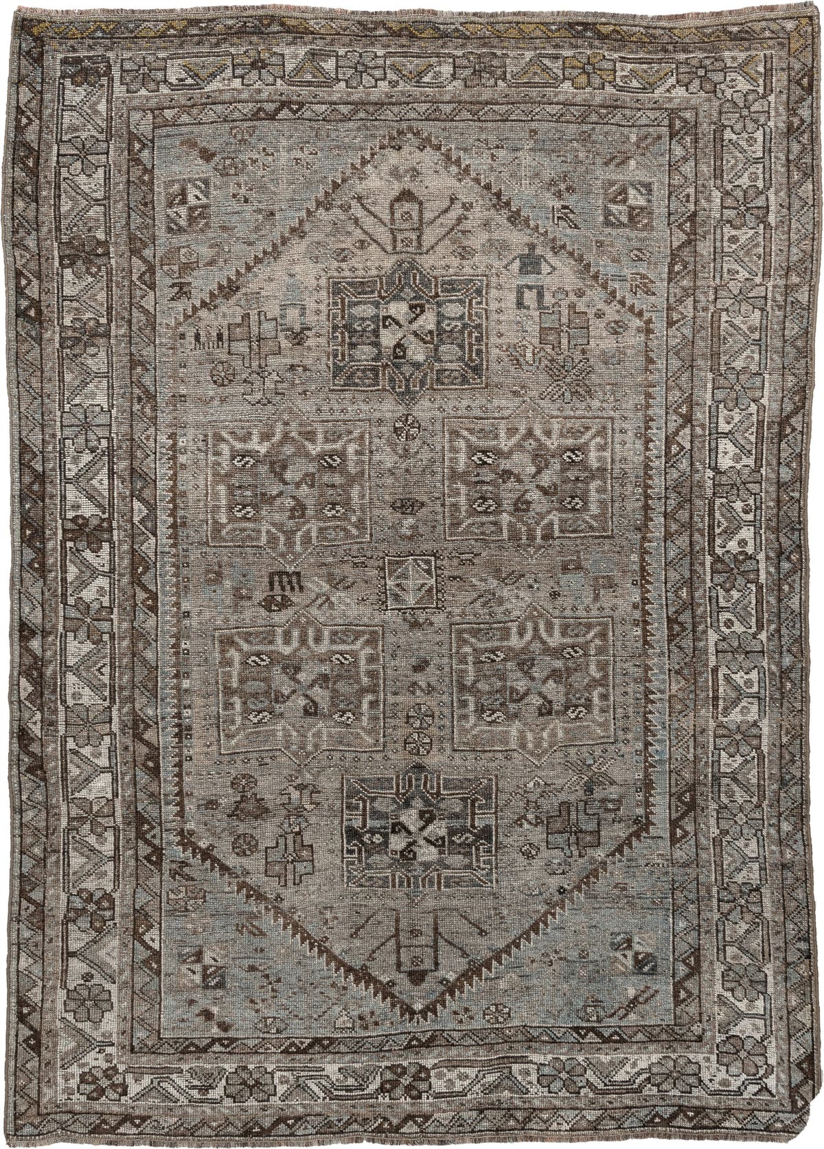 5' x 7' one-of-a-kind handmade antique Shiraz rug. Color palette: ivory, blue gray, taupe, brown, charcoal, sage, ochre