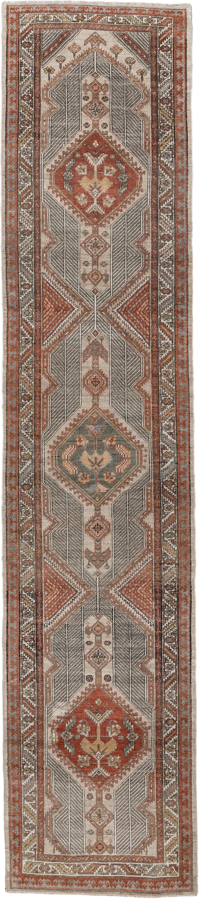 3' x 14' one-of-a-kind handmade antique Saraband runner rug. Color palette: ivory, rust, terracotta, taupe, blue gray