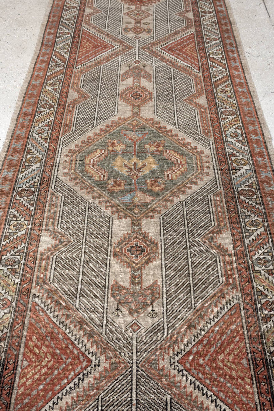 3' x 14' one-of-a-kind handmade antique Saraband runner rug. Color palette: ivory, rust, terracotta, taupe, blue gray