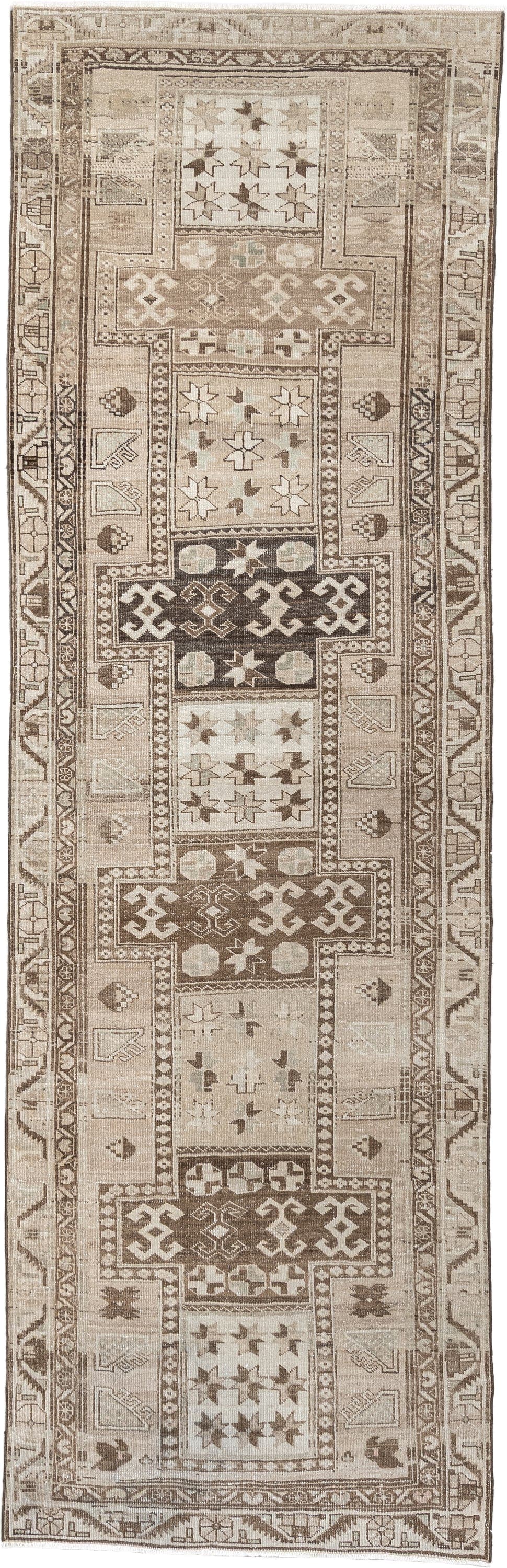 3' x 10' one-of-a-kind handmade antique Saraband runner rug. Color palette: ivory, taupe, brown, charcoal, beige, camel