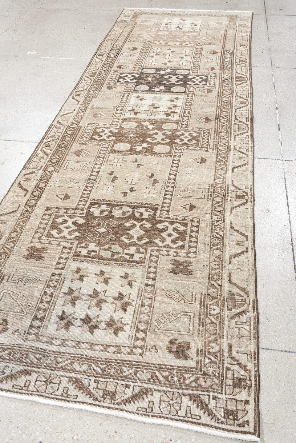 3' x 10' one-of-a-kind handmade antique Saraband runner rug. Color palette: ivory, taupe, brown, charcoal, beige, camel